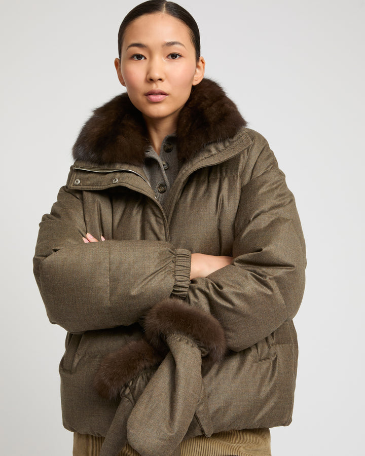 Short down jacket made with Loro Piana flannel and sable fur
