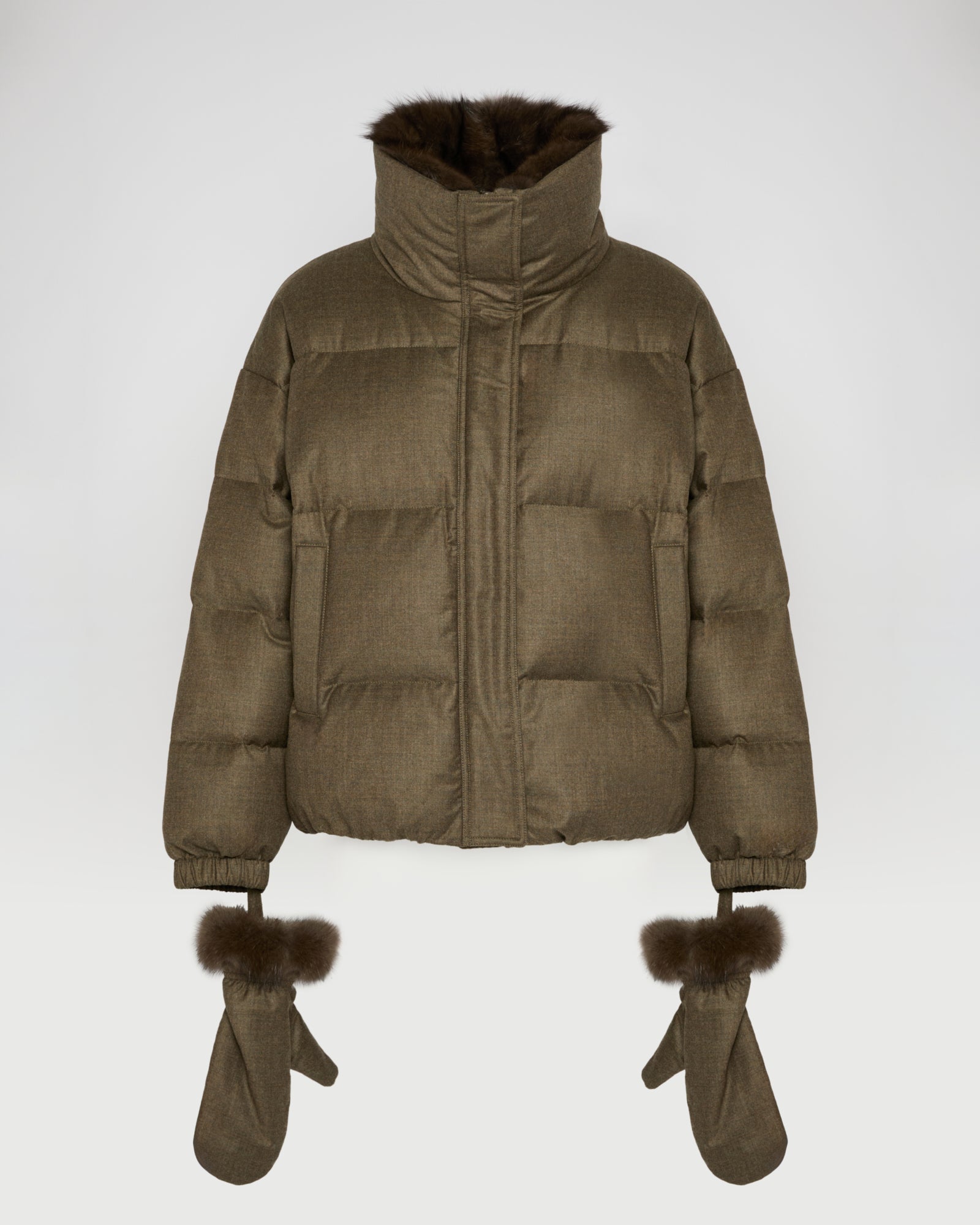 Short down jacket made with Loro Piana flannel and sable fur