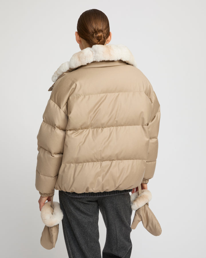 Short down jacket in waterproof flannel fabric with chinchilla fur