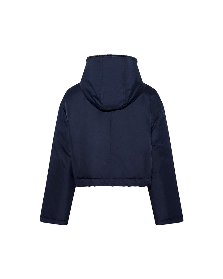 Veste croppée en tissu technique et vison long poil