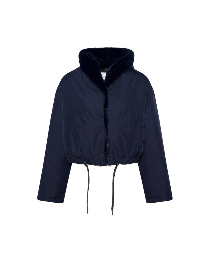 Veste croppée en tissu technique et vison long poil