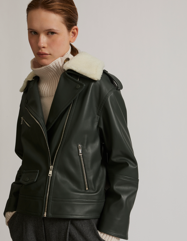 Perfecto oversize en cuir d’agneau avec col en peau lainée mérinos