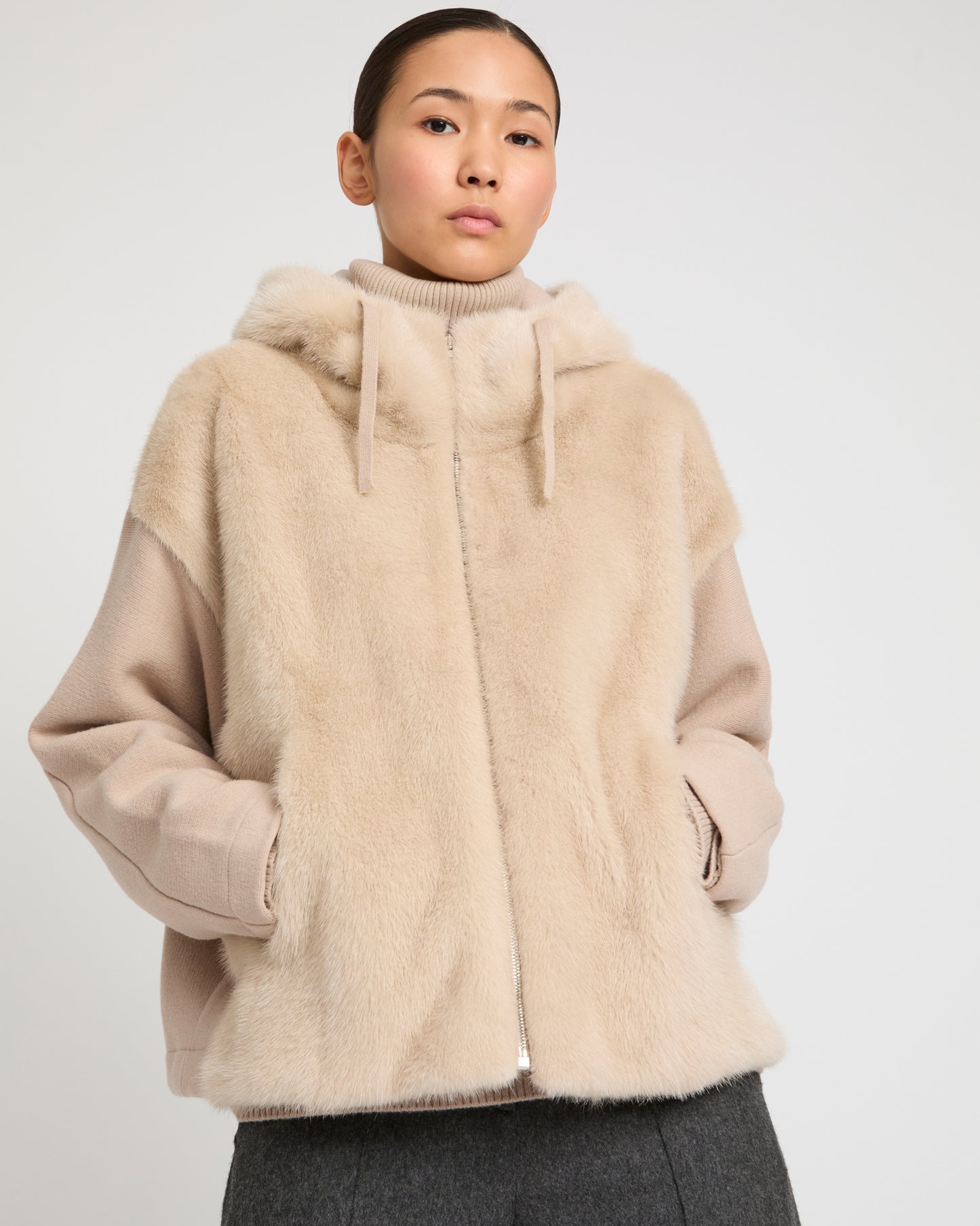 Reversible Hooded Jacket in Mink and Technical Fabric