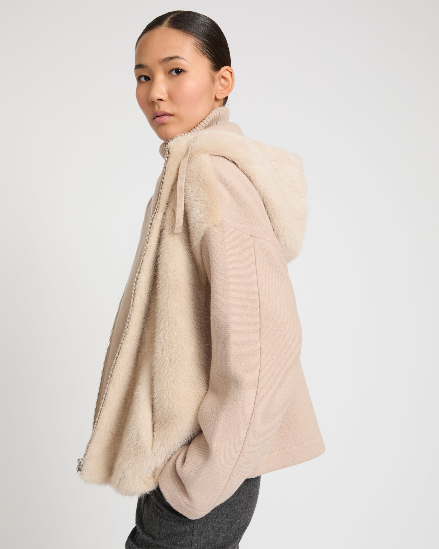 Reversible Hooded Jacket in Mink and Technical Fabric