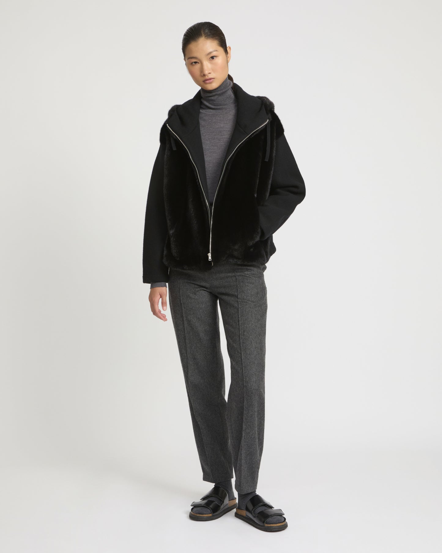 Reversible Hooded Jacket in Mink and Technical Fabric