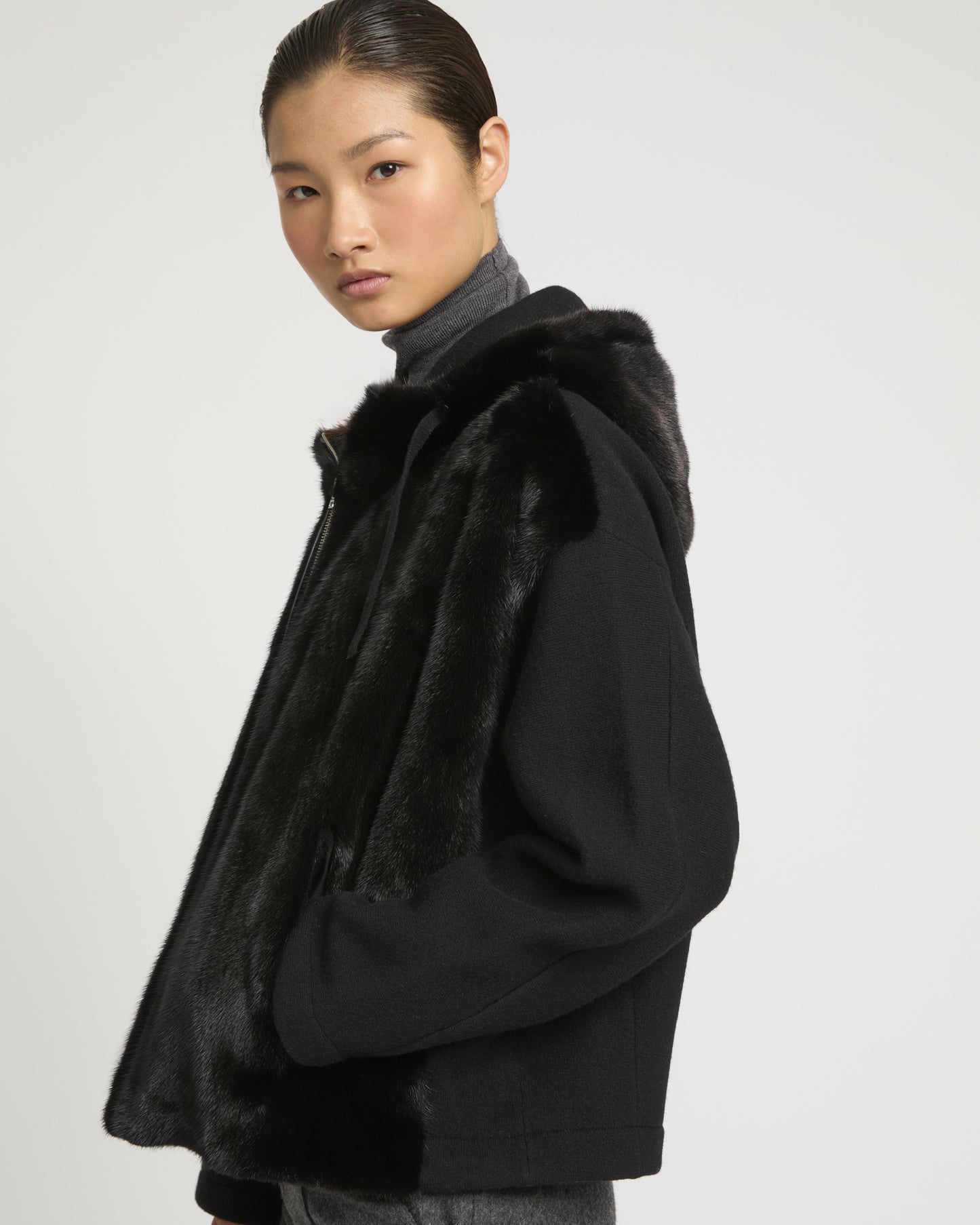 Reversible Hooded Jacket in Mink and Technical Fabric