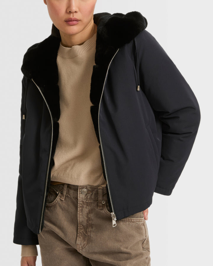 Parka courte réversible en tissu technique et lapin rex