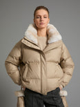 Short down jacket in waterproof flannel fabric with chinchilla fur