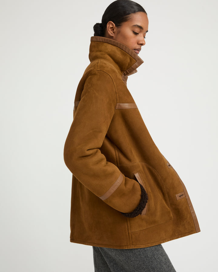 Fur-lined coat in suede Merino lambskin