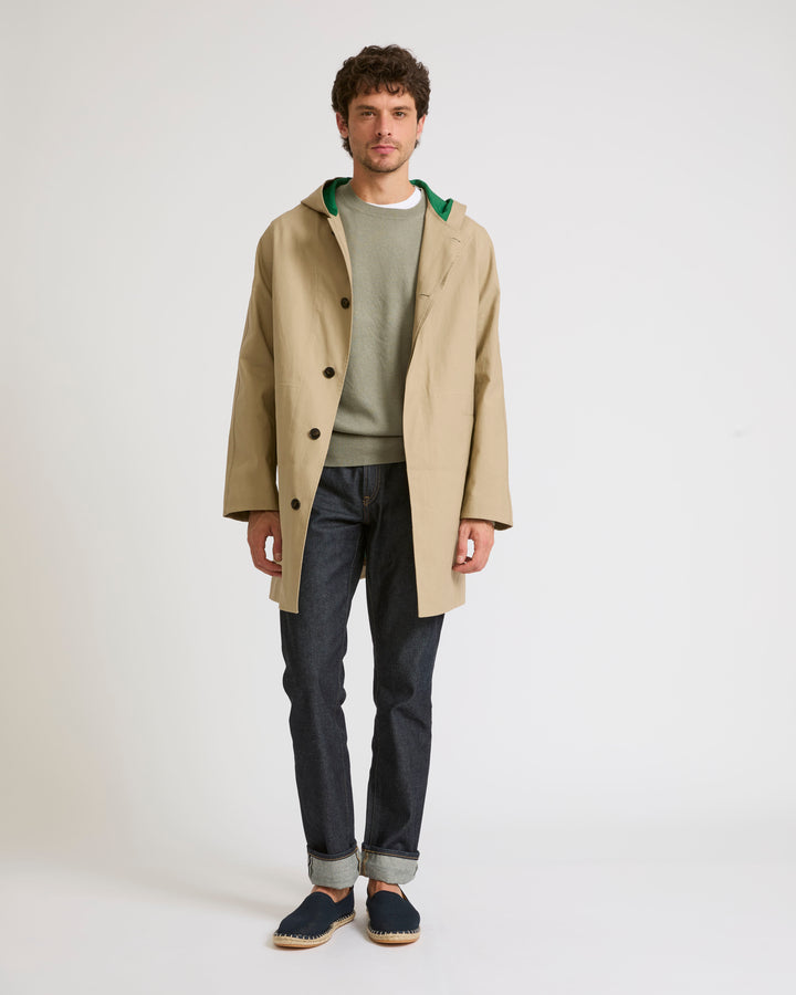 Manteau à capuche en coton double face déperlant et détails cuir