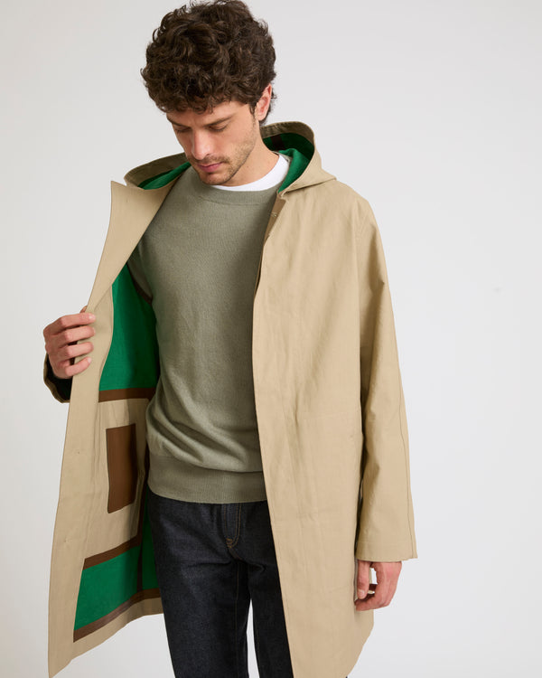 Manteau à capuche en coton double face déperlant et détails cuir