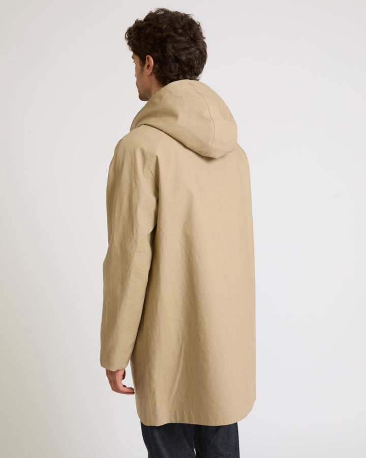 Manteau à capuche en coton double face déperlant et détails cuir