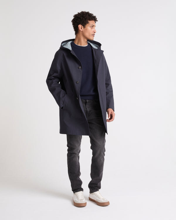 Manteau à capuche en coton double face déperlant et détails cuir