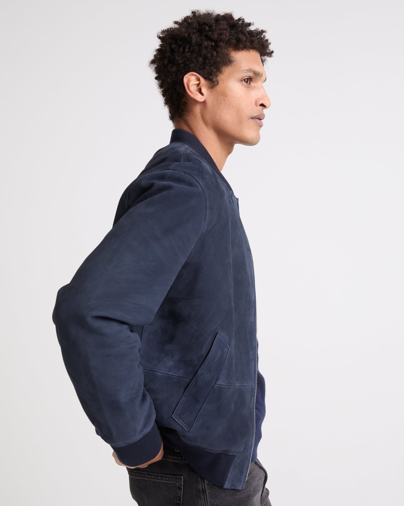 Suede leather varsity jacket - Dark blue - Yves Salomon Men