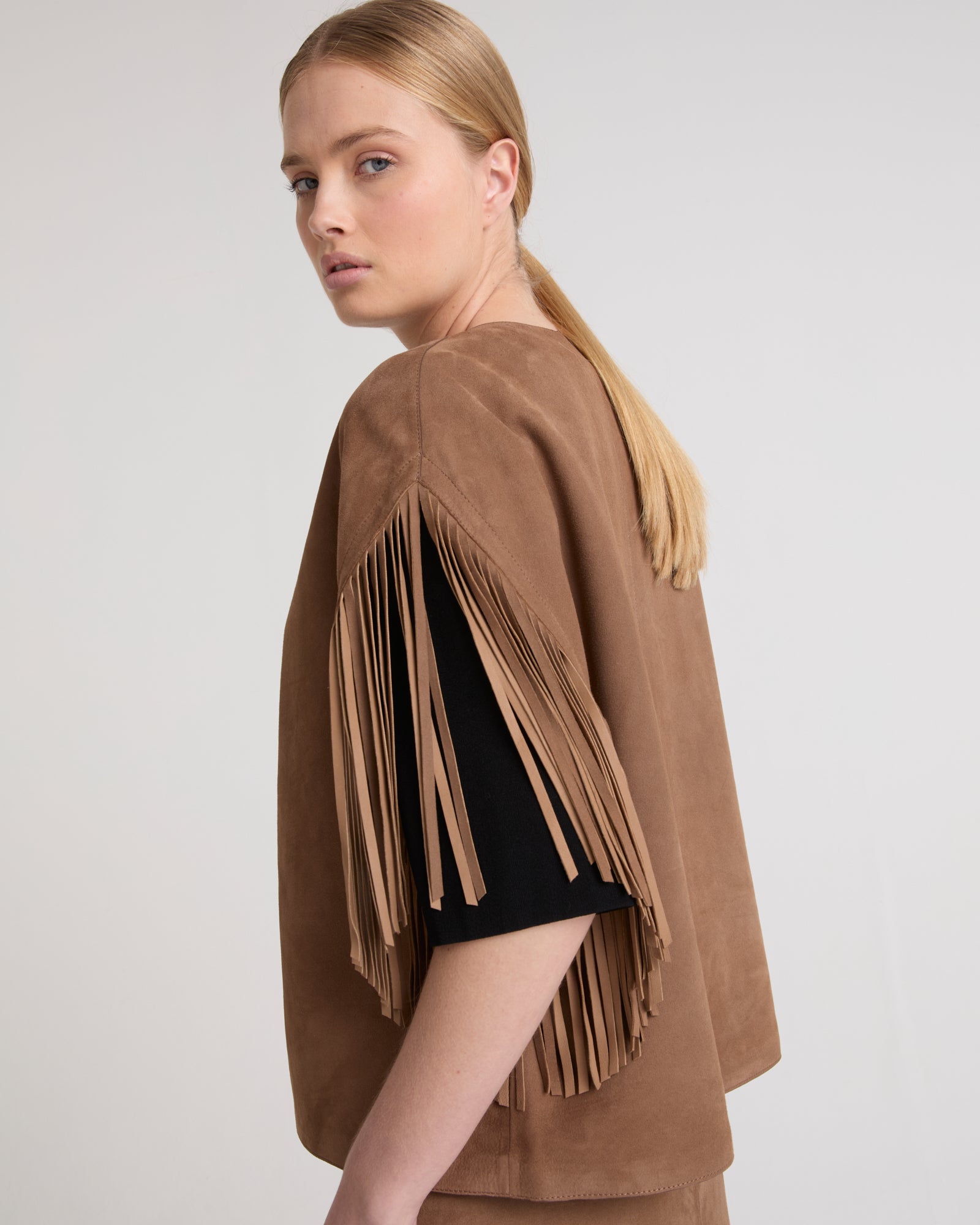 Cape in velour lamb leather - brown - Yves Salomon