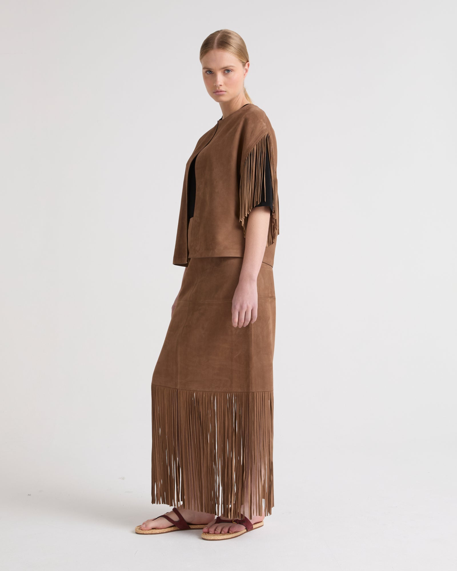 Cape in velour lamb leather - brown - Yves Salomon