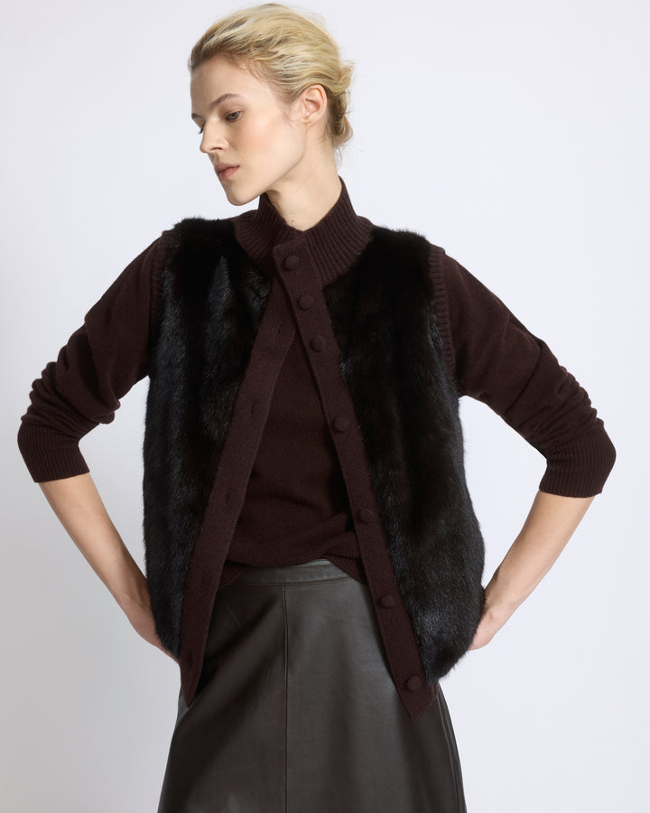 Gilet court en maille mérinos et fourrure de vison - Yves Salomon - Nouvelle collection Automne Hiver