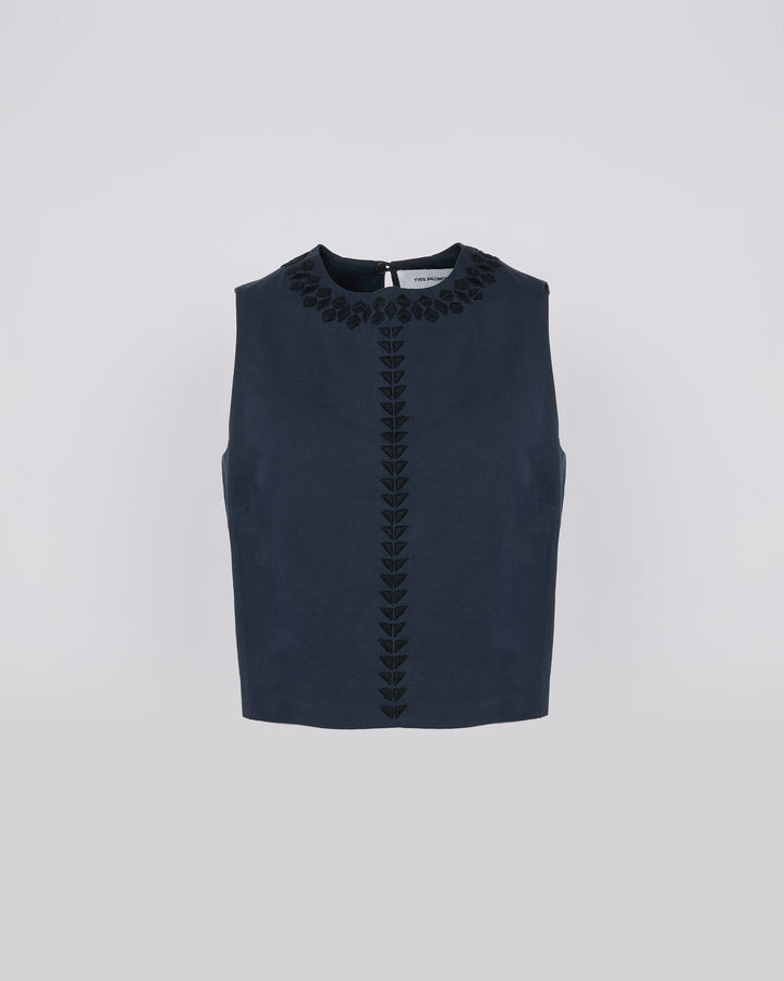 Top sans manches brodé en tissu coton lin