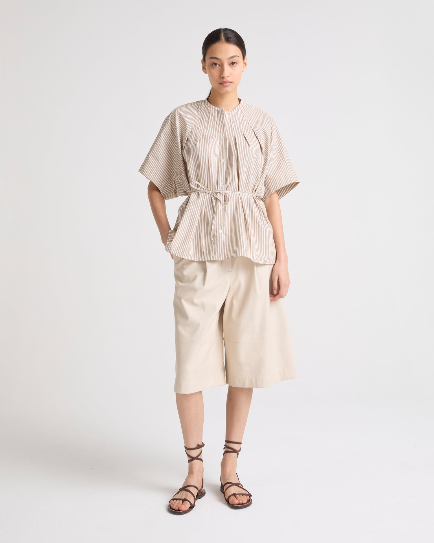 chemise-plissee-en-popeline-de-coton-raye-palma-25eyh03866corab3166 -Yves Salomon