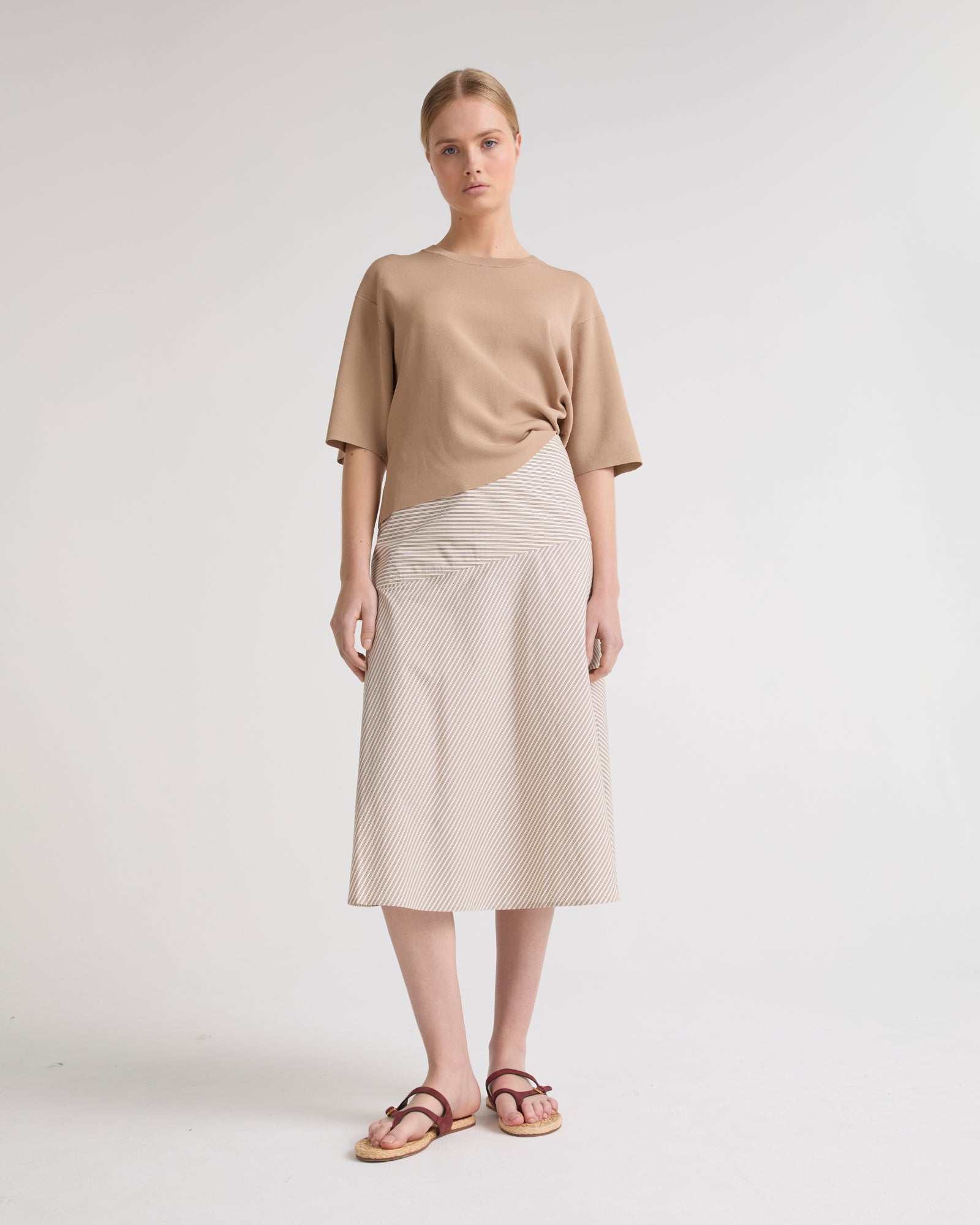 Striped cotton poplin skirt- Brown - Yves Salomon