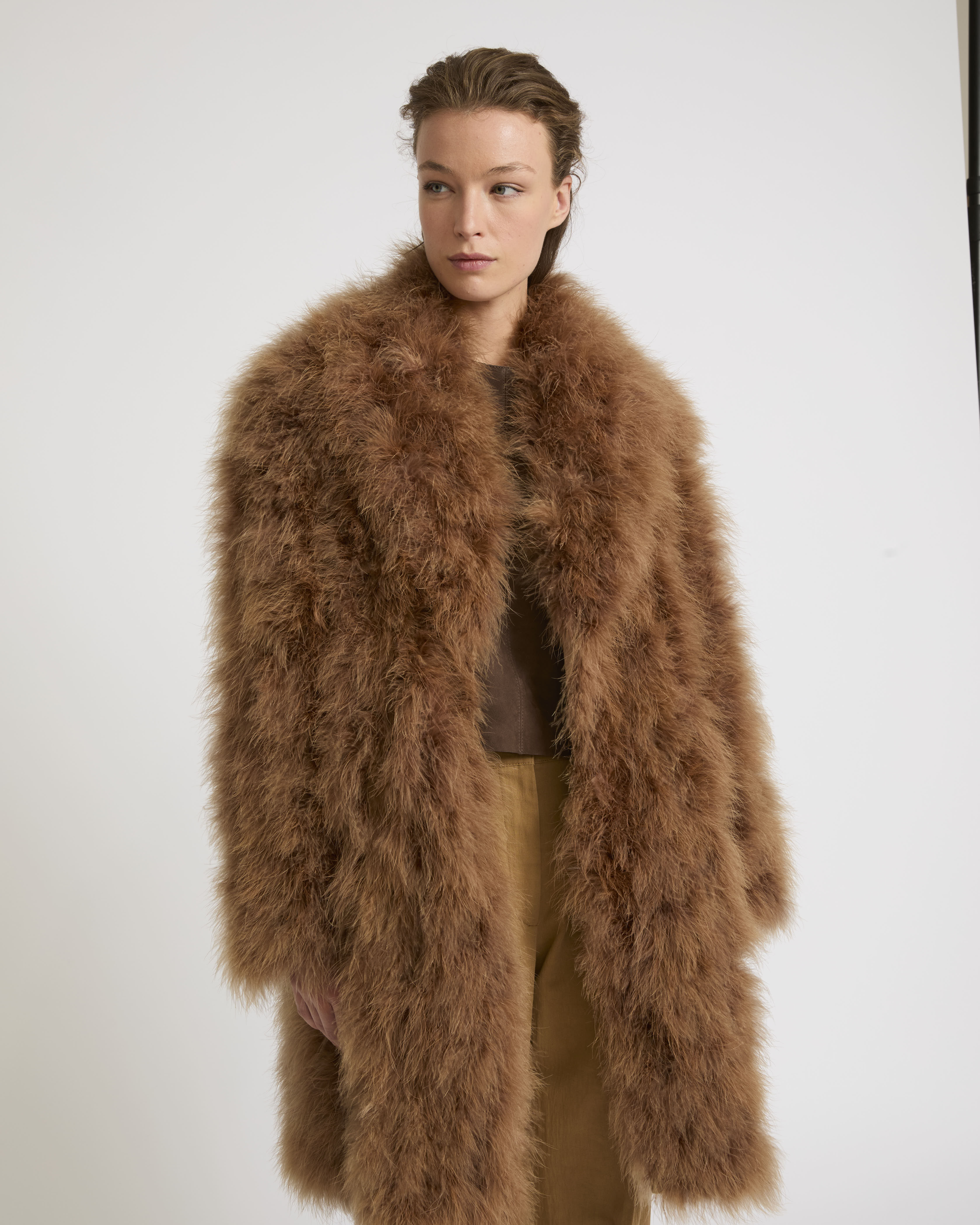 Feather shawl collar coat- Camel - Yves Salomon