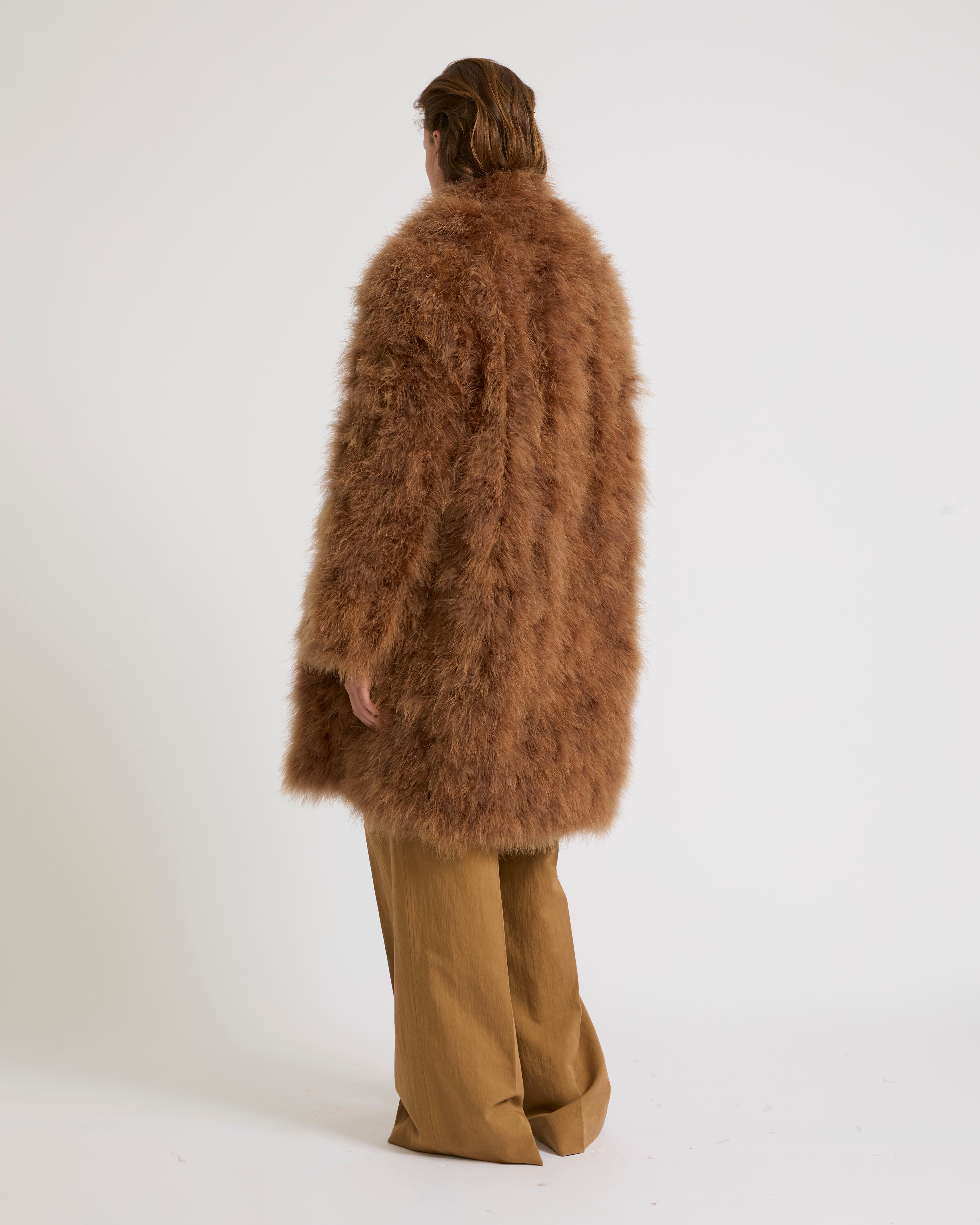Feather shawl collar coat- Camel - Yves Salomon