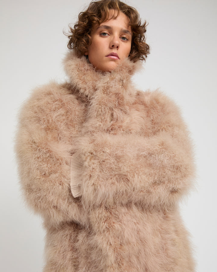 Manteau col châle en plumes