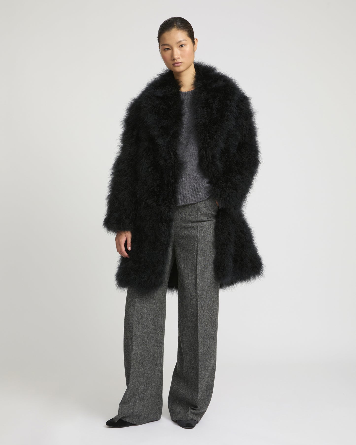 Manteau col châle en plumes