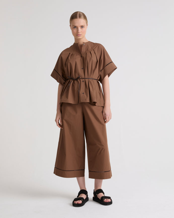 yves salomon Pantalon jupe culotte en popeline de coton avec inserts de cuir - nouveauté
