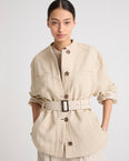 Veste ceinturée en tissu coton lin