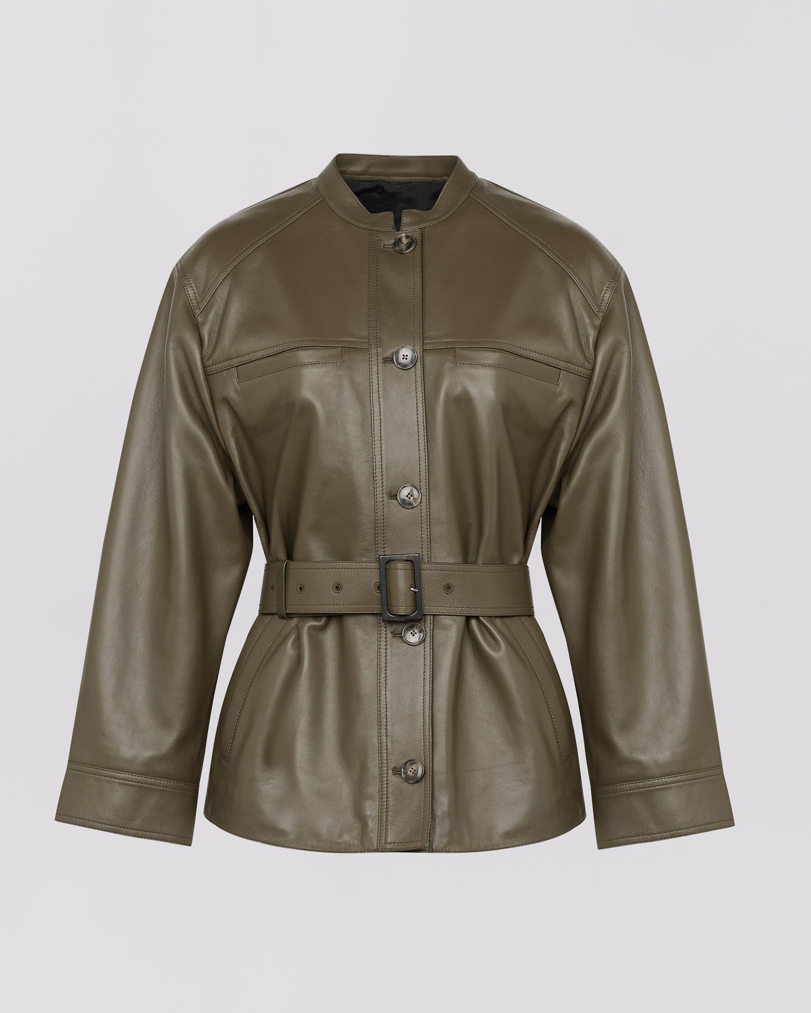 Lamb leather belted jacket - Khaki - Yves Salomon