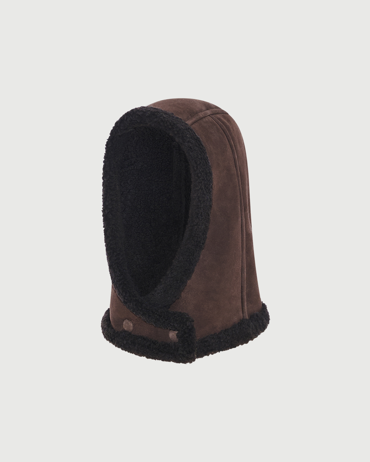 Capuche en agneau Mérinos bouclé et cuir- Yves Salomon - Nouvelle collection Automne Hiver