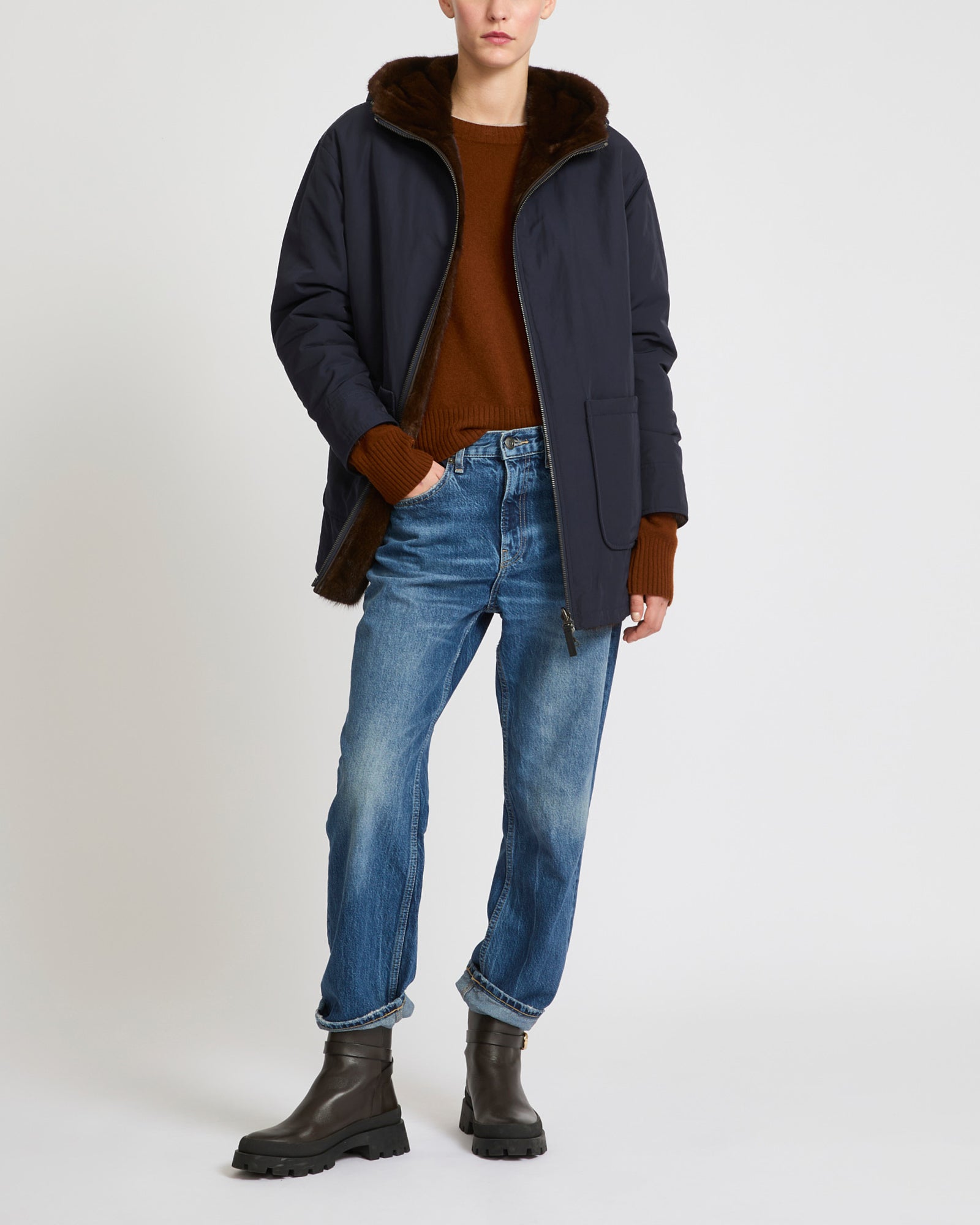 Mink reversible technical fabric parka - Dark Blue - Yves