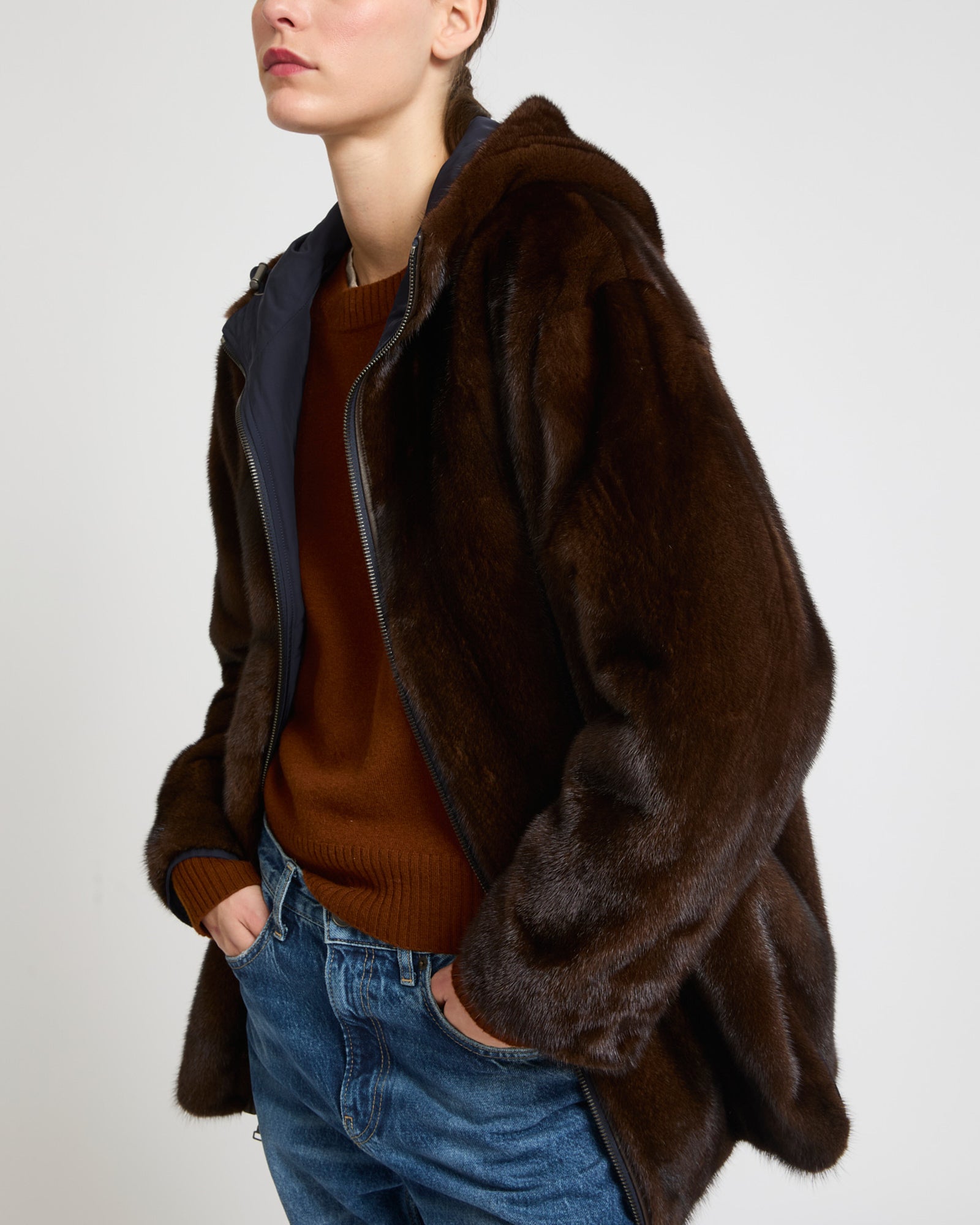 Mink reversible technical fabric parka - Dark Blue - Yves Salomon