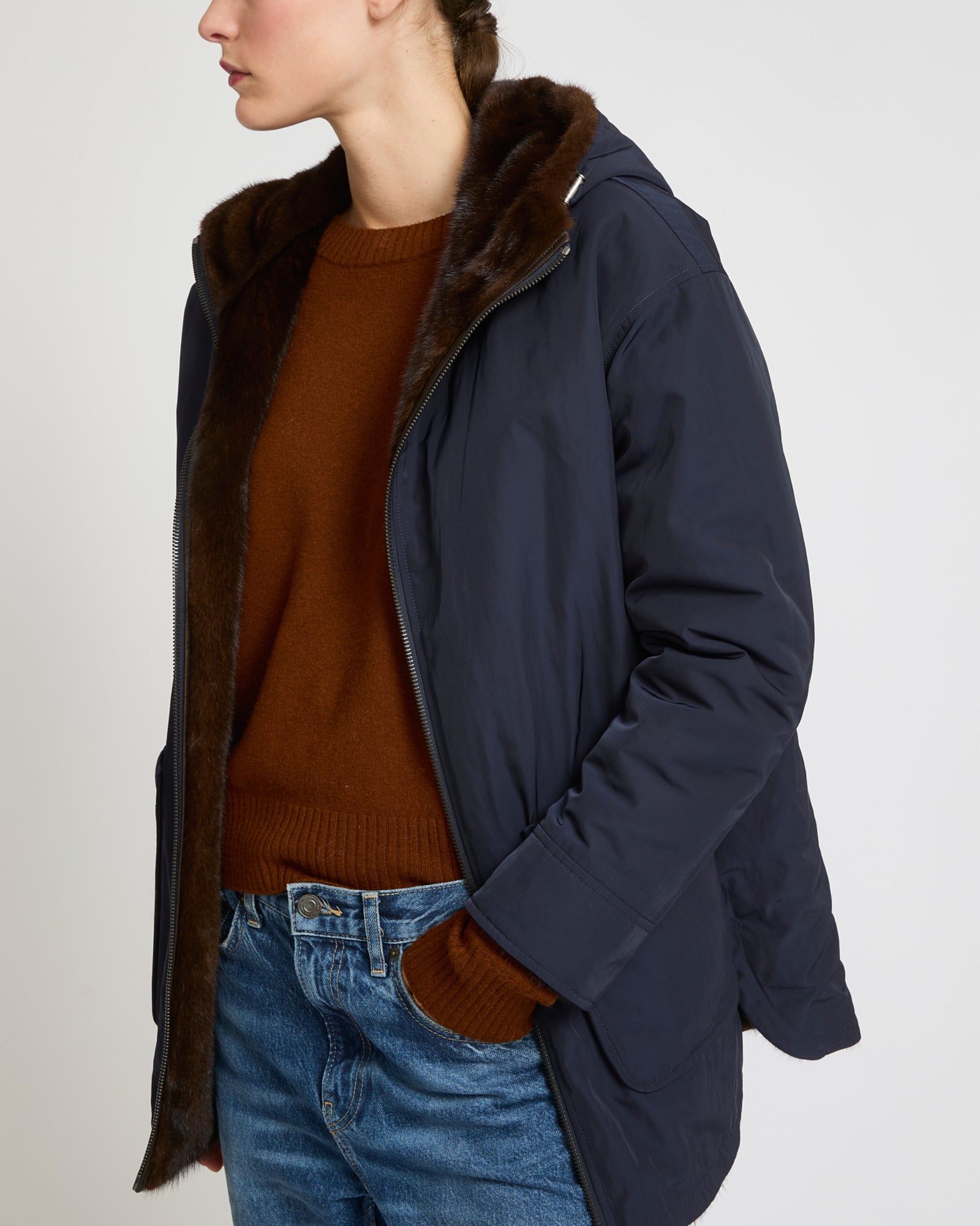 Mink reversible technical fabric parka - Dark Blue - Yves Salomon