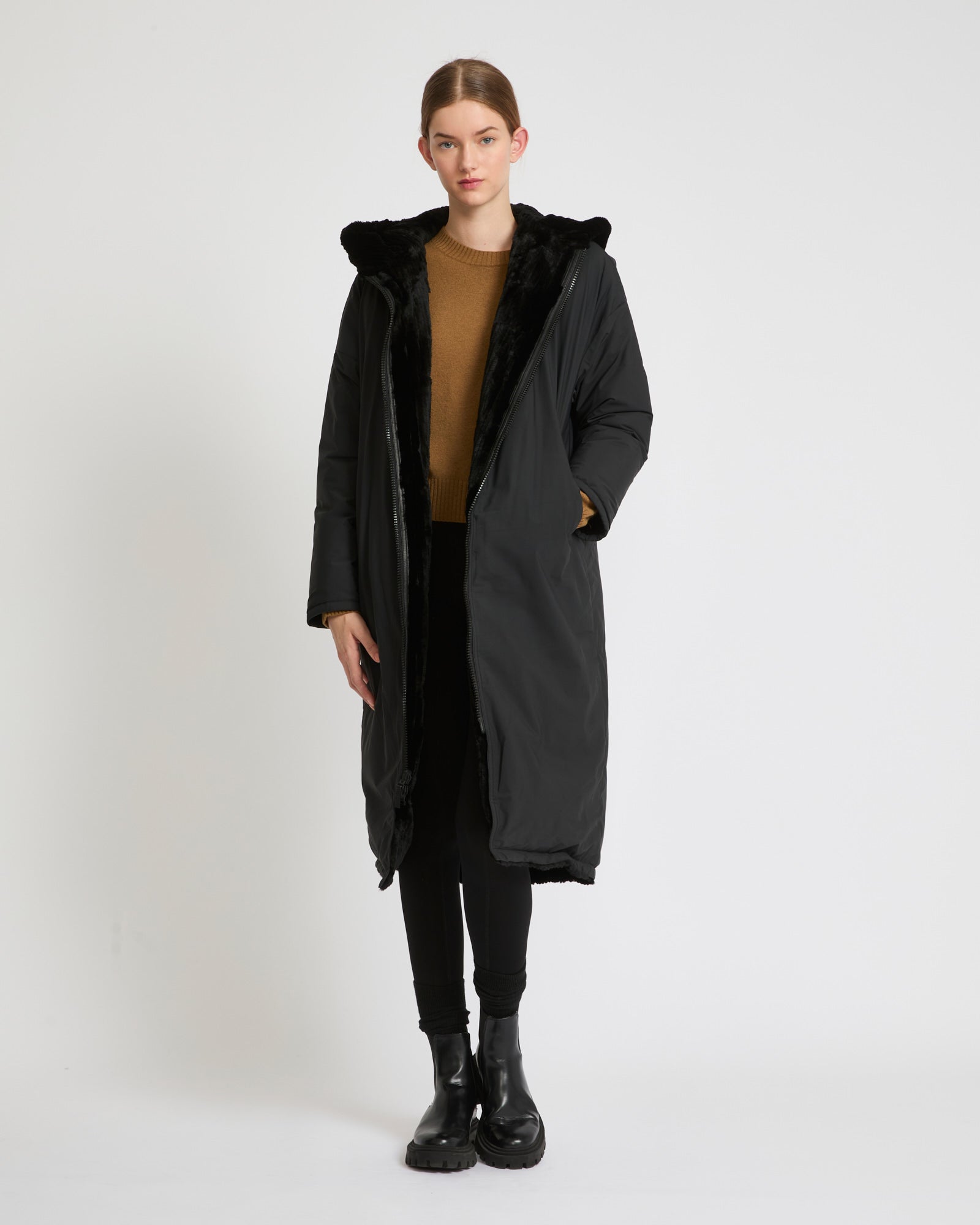 YVES SALOMON レッキスラビットコート　サイズ36 Short hooded down jacket with rex - White - Yves Salomon