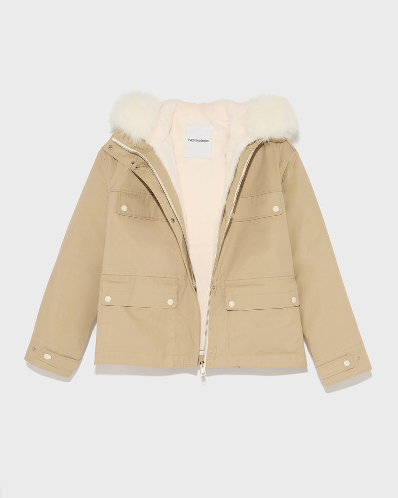 Parka courte en coton mélangé imperméable avec fourrure de renard et lapin
