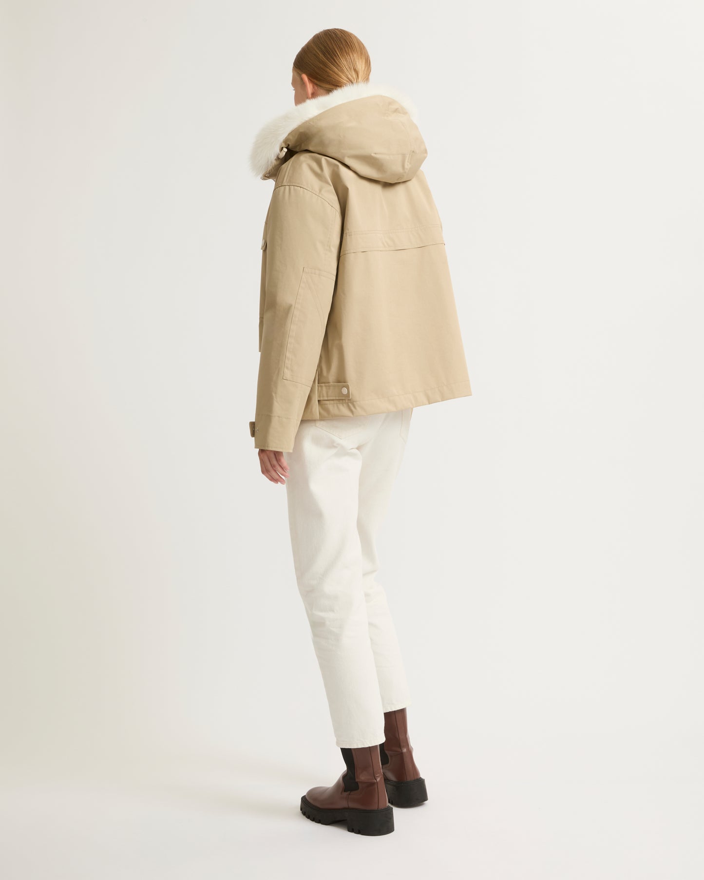 Parka courte en coton mélangé imperméable avec fourrure de renard et lapin
