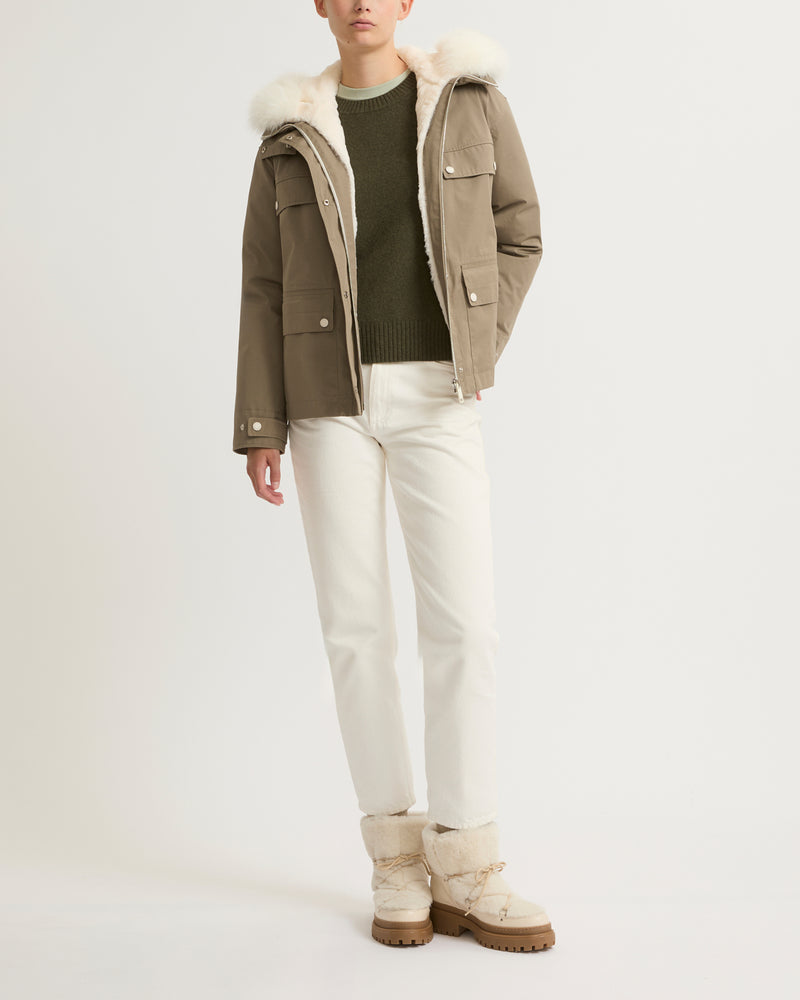 Parka courte en coton mélangé imperméable avec fourrure de renard et lapin