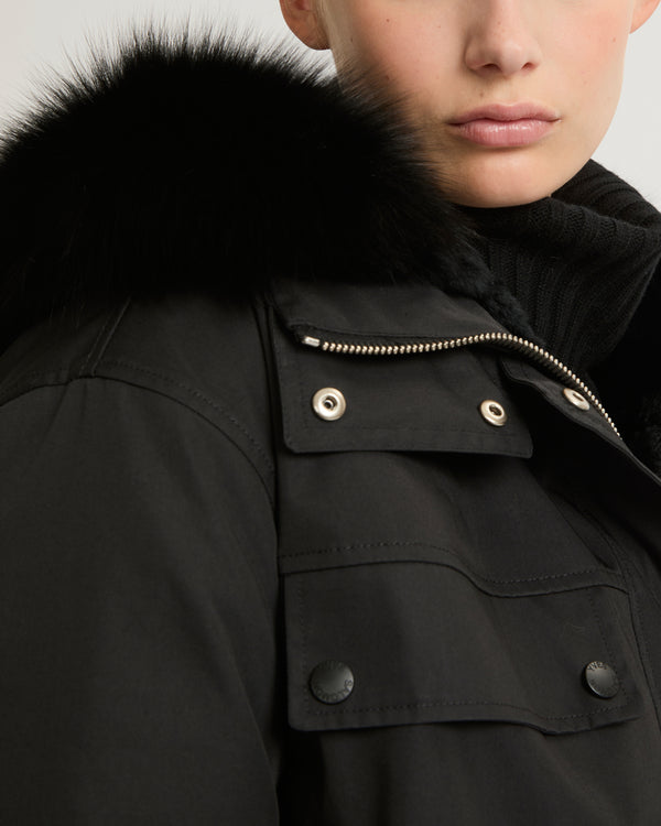 Parka courte en coton mélangé imperméable avec fourrure de renard et lapin