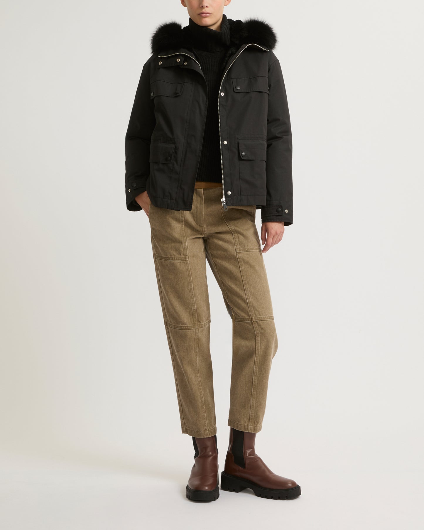 Parka courte en coton mélangé imperméable avec fourrure de renard et lapin