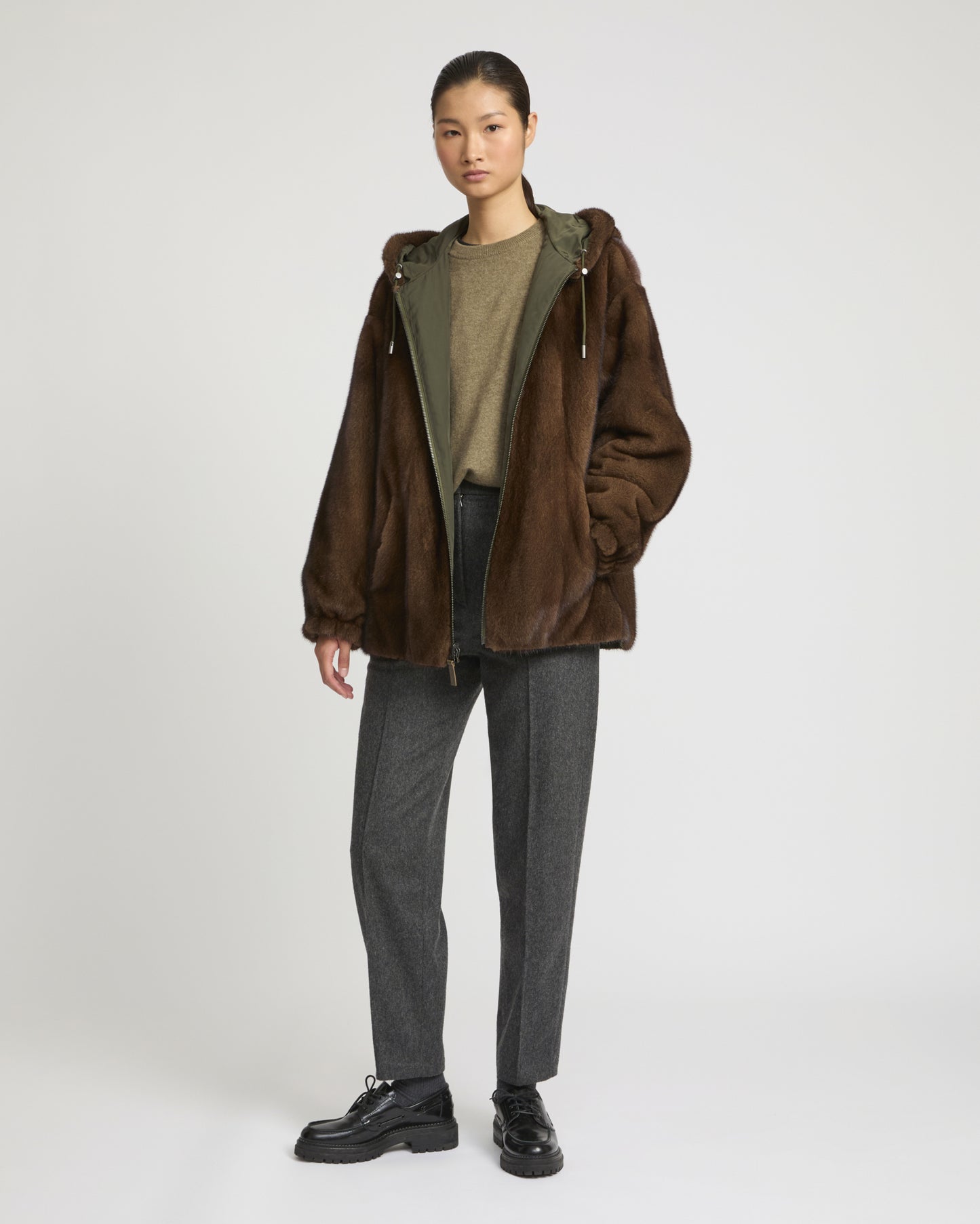 Mink reversible technical fabric hoodie
