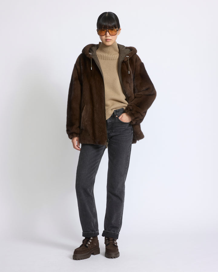 Sweat à capuche en tissu technique réversible avec fourrure de vison - Yves Salomon - Nouvelle collection Automne Hiver
