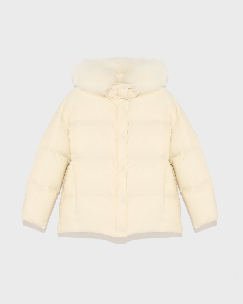 Doudoune à capuche en agneau à laine vaporeuse-Yves Salomon - Soldes d'hiver - Winter Sale