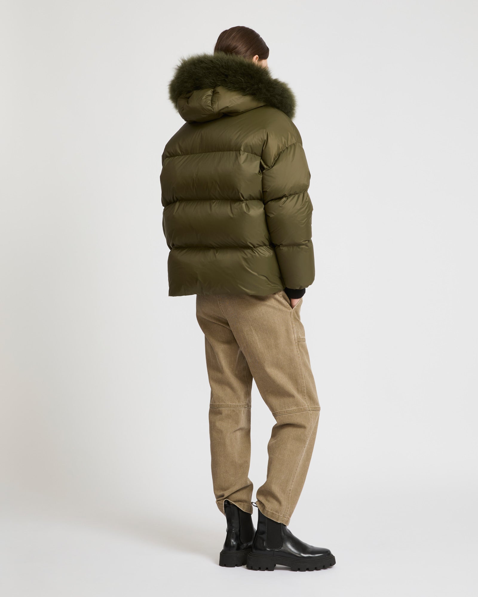 Hooded down jacket with fluffy lambswool trim - Khaki - Yves Salomon