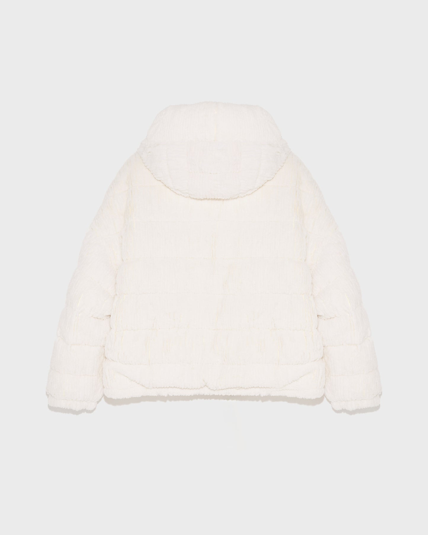 Short hooded down jacket in technical fabric reversible ribbed rex rabbit fur
