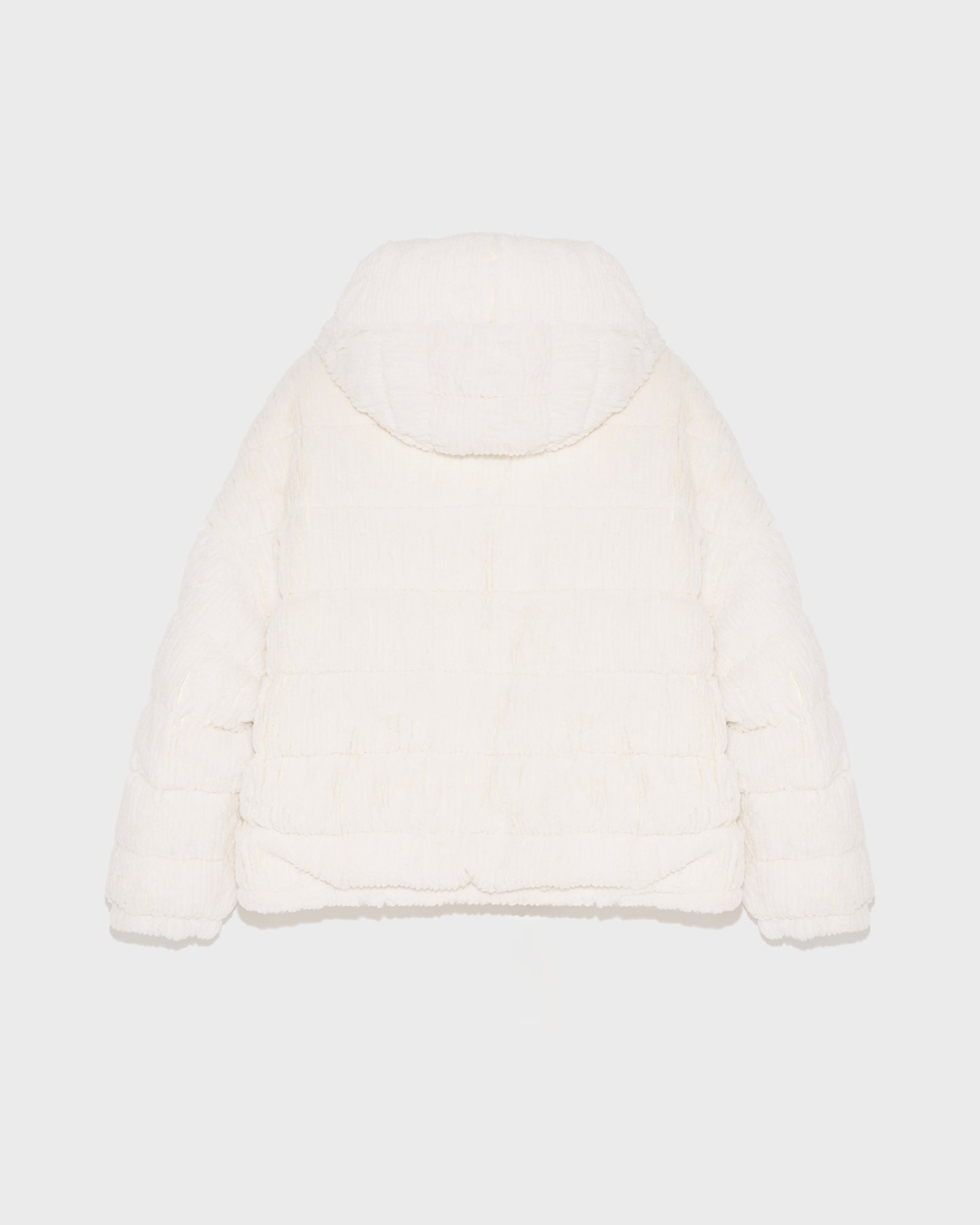 Short hooded down jacket in technical fabric reversible ribbed rex rabbit fur