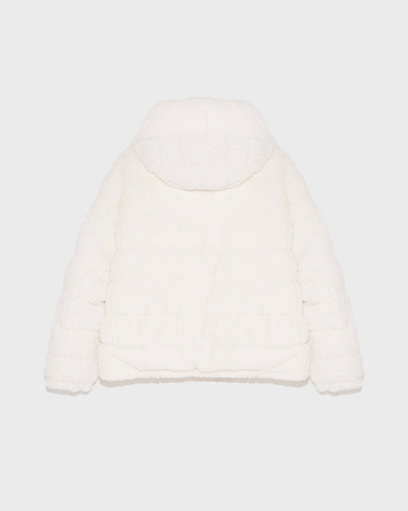 Short hooded down jacket in technical fabric reversible ribbed rex rabbit fur