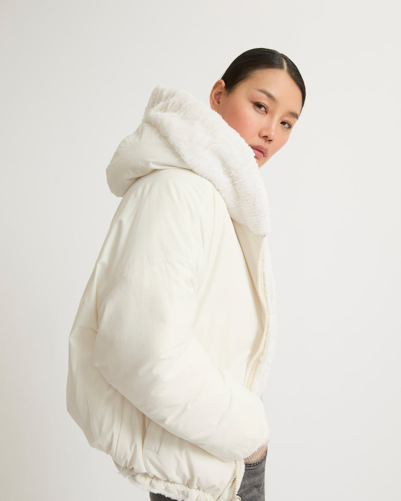 Short hooded down jacket in technical fabric reversible ribbed rex rabbit fur