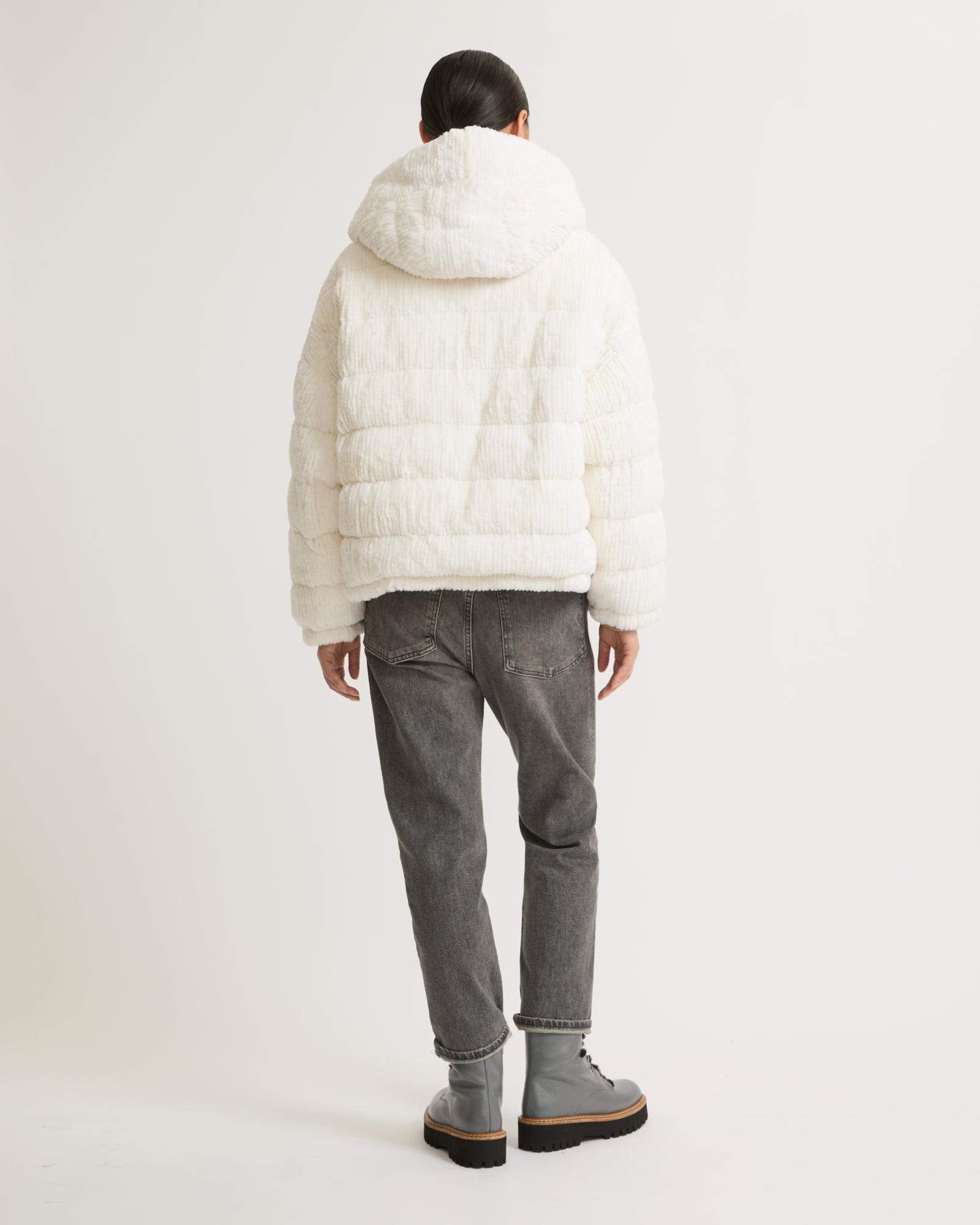 Short hooded down jacket in technical fabric reversible ribbed rex rabbit fur